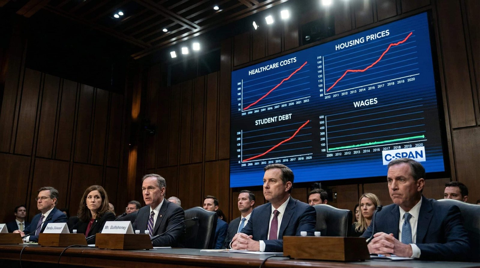 Economic charts showing healthcare housing and student debt rising while wages stagnate generational inequality