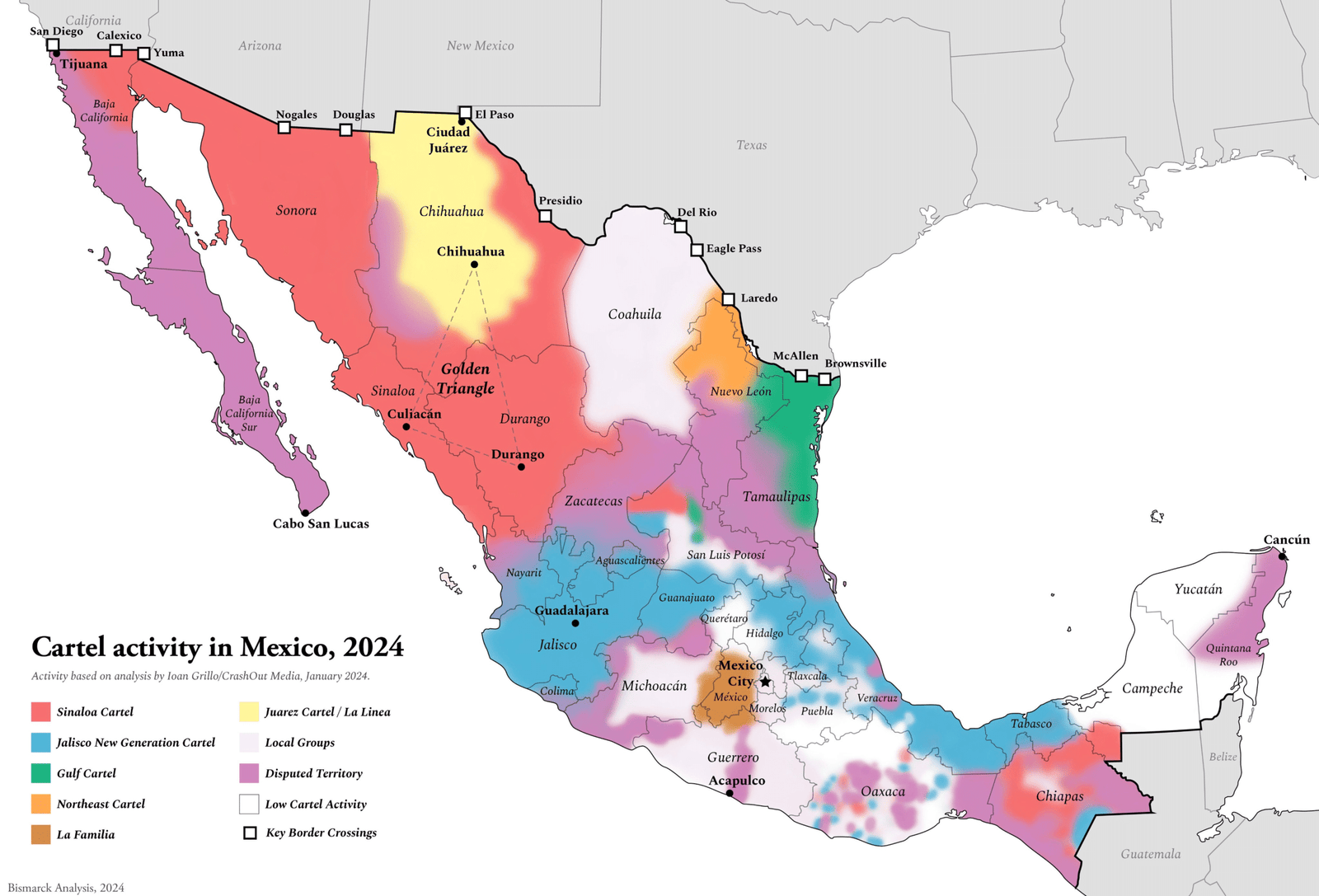 Cartel activity in Mexico 2024 showing CJNG Jalisco New Generation Cartel territory in blue
