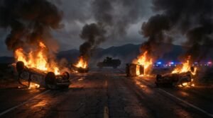 Mexican highway at night with burning vehicles following CJNG cartel violence after El Mencho killing