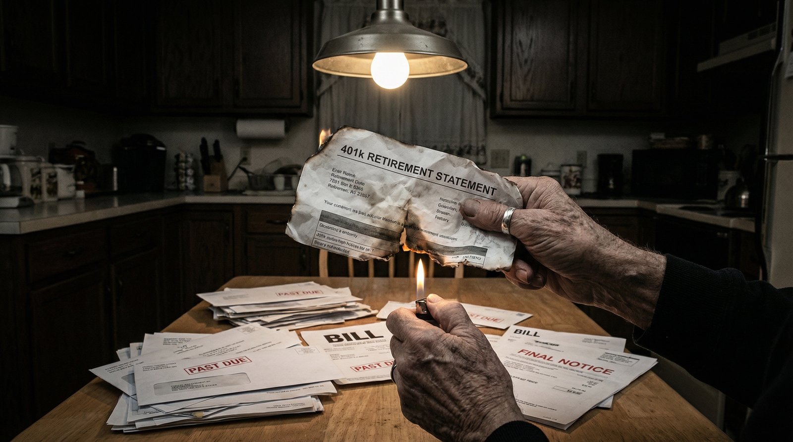 Elderly hands burning a 401k retirement statement over unpaid bills on kitchen table