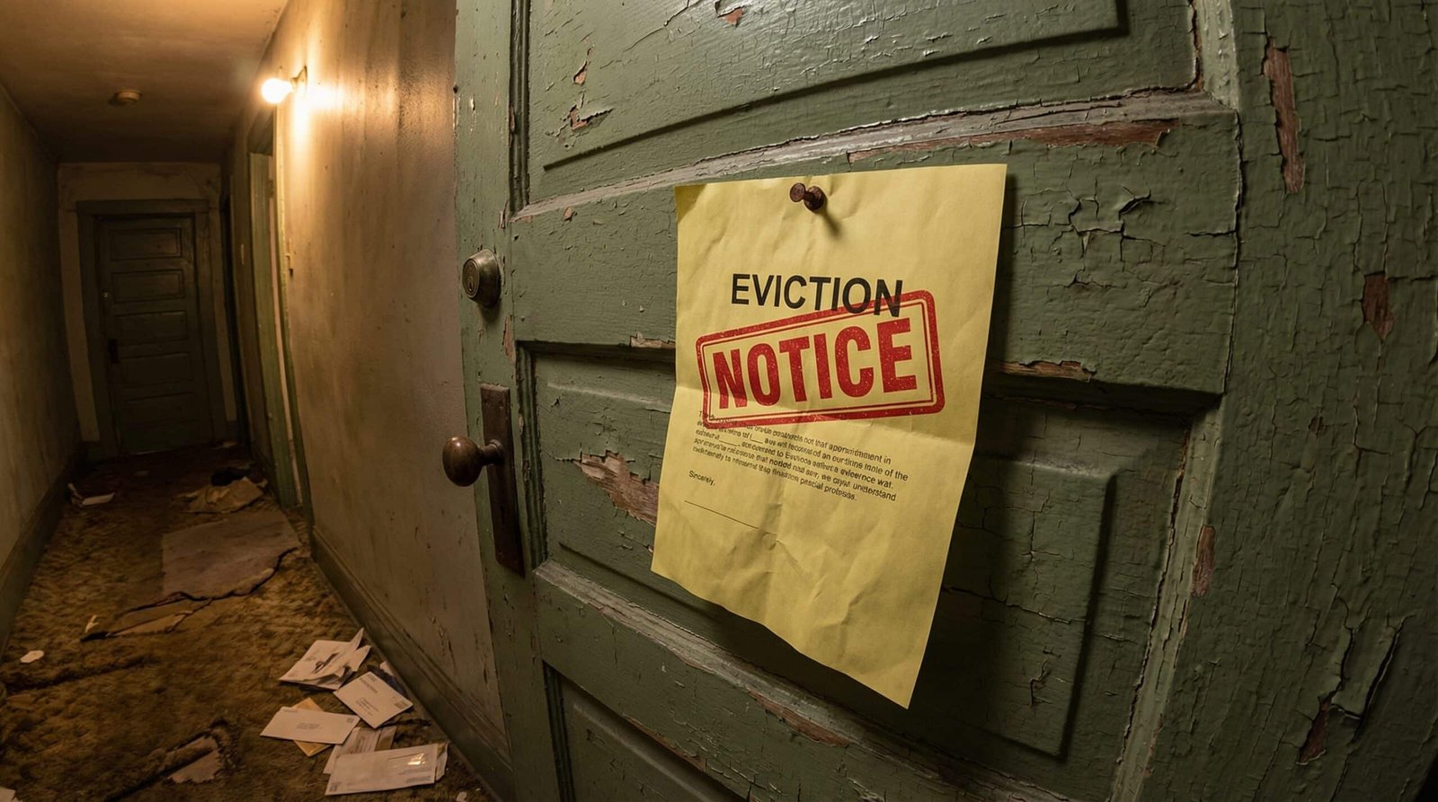 Eviction notice pinned to worn apartment door in dimly lit hallway