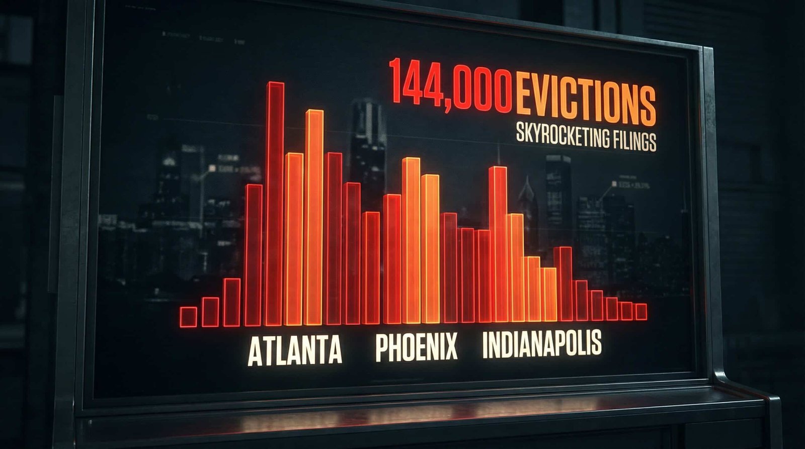 Bar chart showing eviction crisis 2026 filings in Atlanta Phoenix and Indianapolis