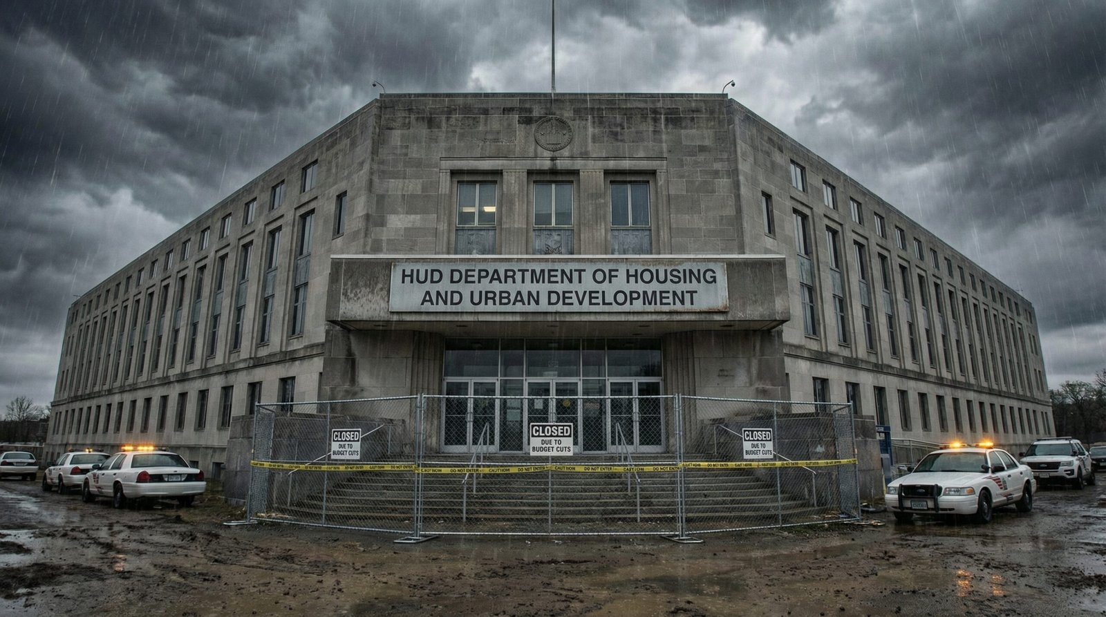 HUD Department of Housing building with stormy sky symbolizing federal housing budget cuts