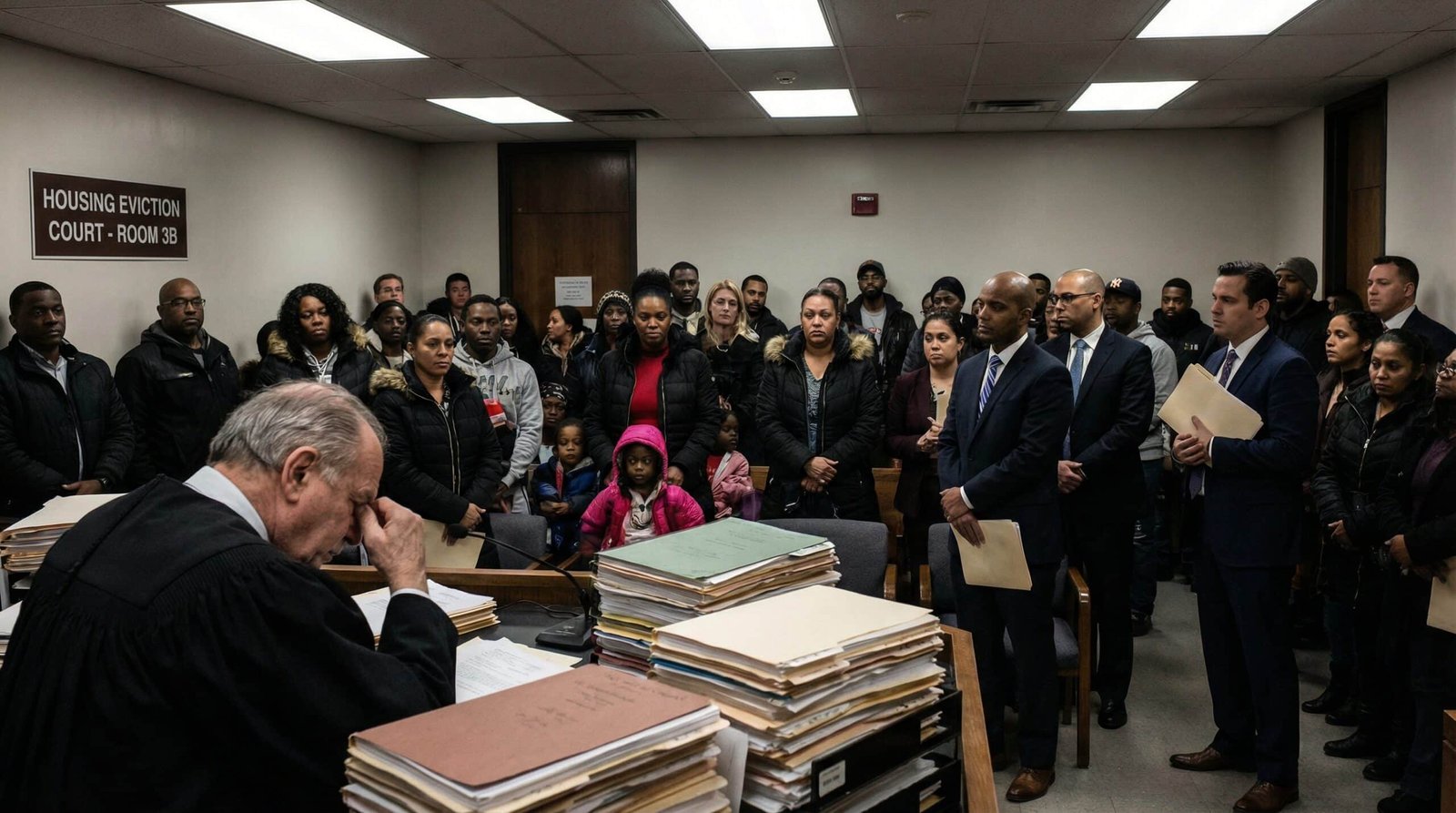 Crowded eviction court housing instability tenants and families facing eviction crisis 2026