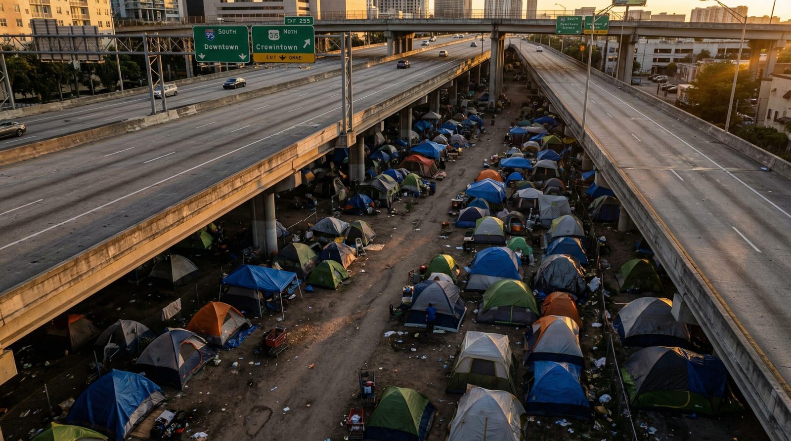 Aerial view of tent city homelessness encampment under urban overpass showing consequences of eviction crisis