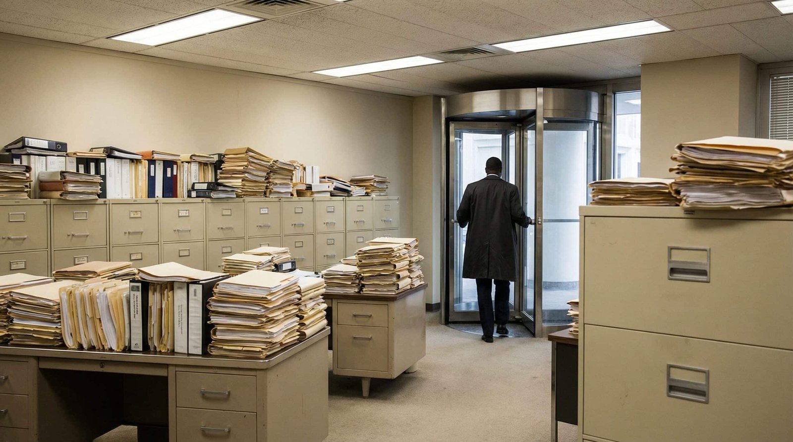 Corporate lobbyist walking through a revolving door into a government regulatory agency office representing FDA DEA regulatory capture