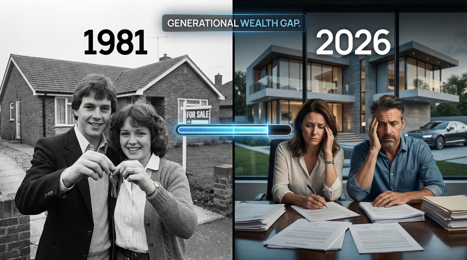Split image comparing first-time homebuyer age in 1981 versus 2026 generational housing gap