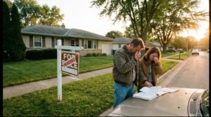 Couple in their 40s reviewing mortgage paperwork outside a for sale house at golden hour