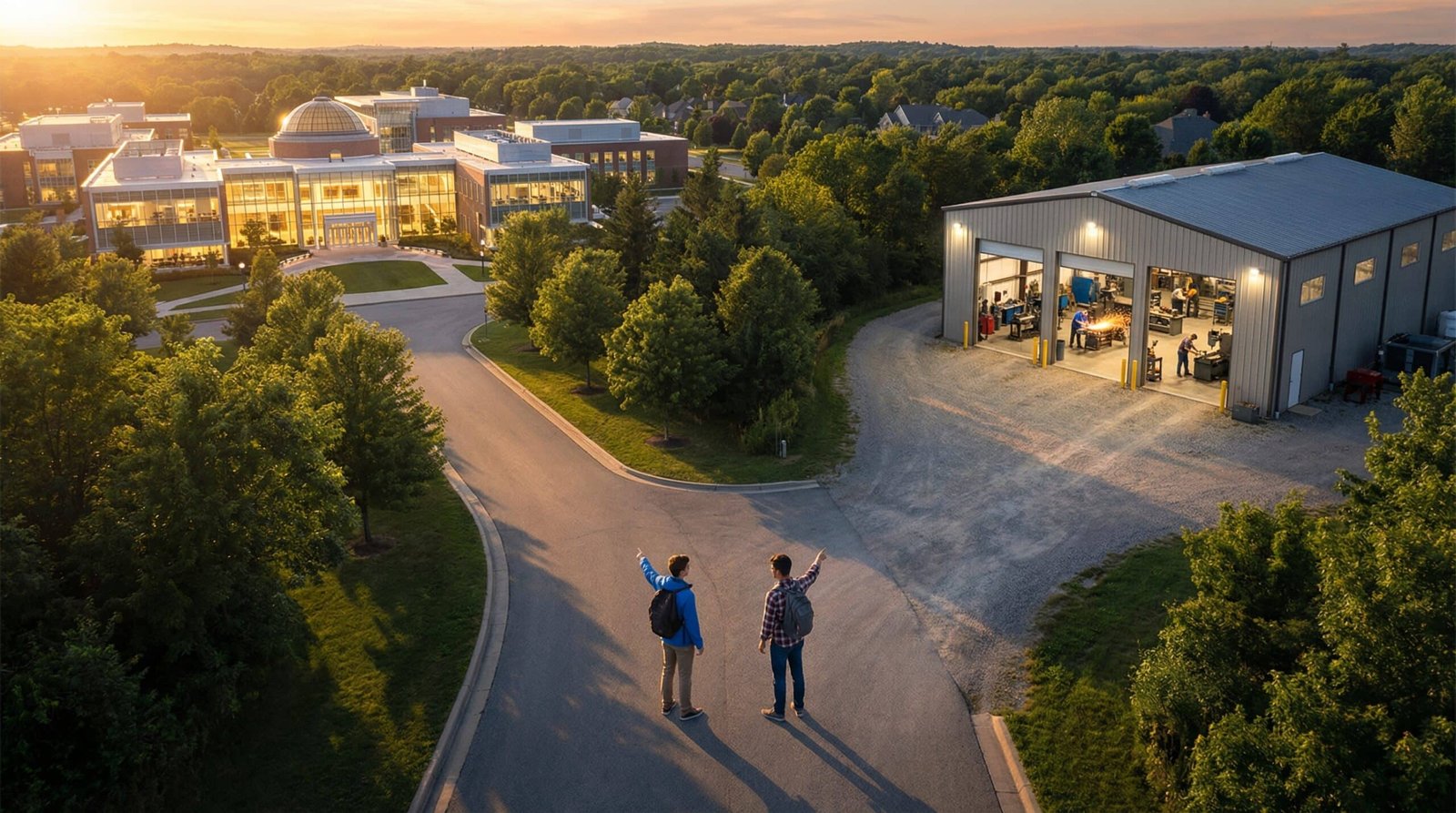 fork in road showing two paths for young American men college versus trade apprenticeship career choices