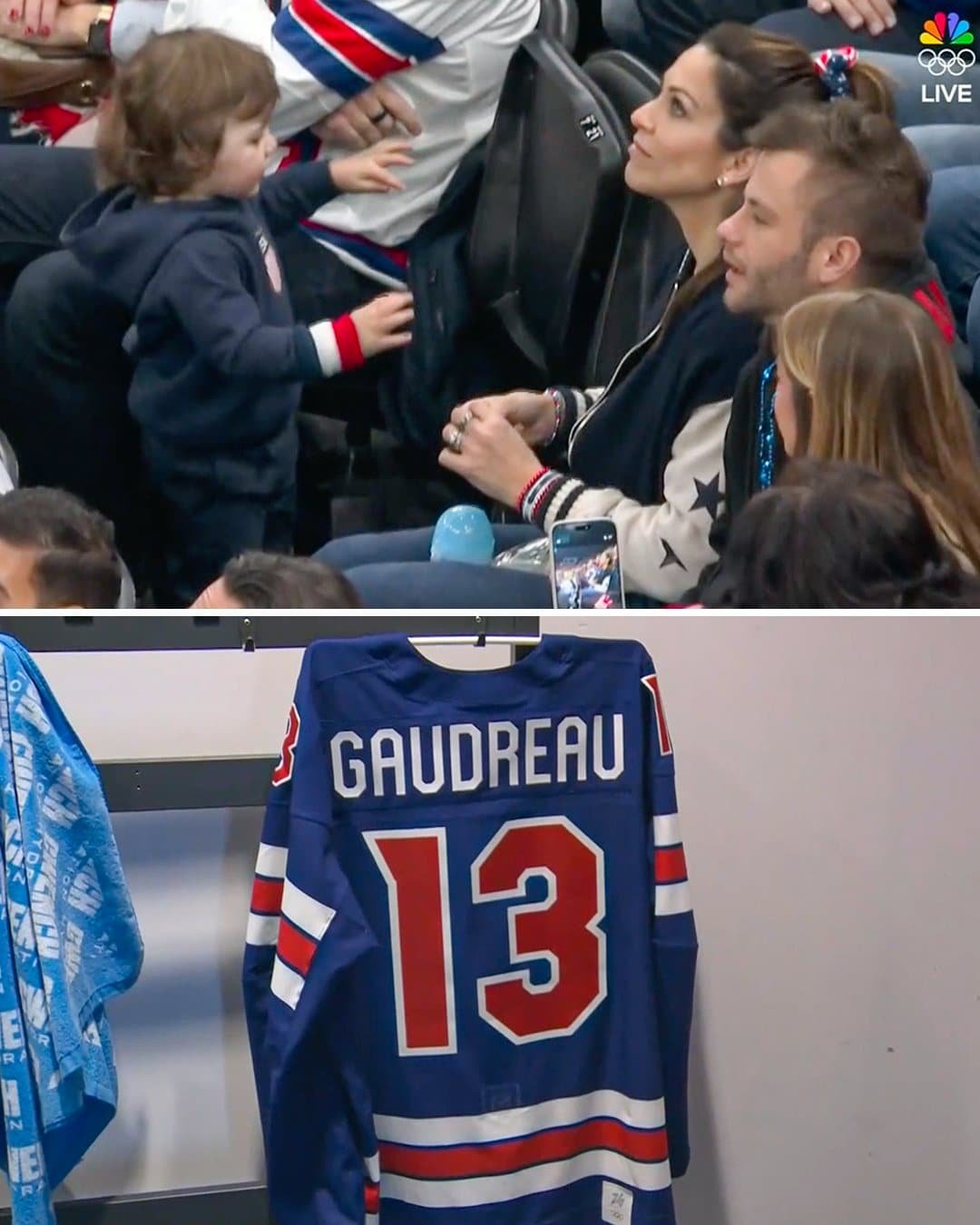 Johnny Gaudreau's son Johnny Jr and family in the stands at the 2026 Olympic gold medal hockey game on his 2nd birthday