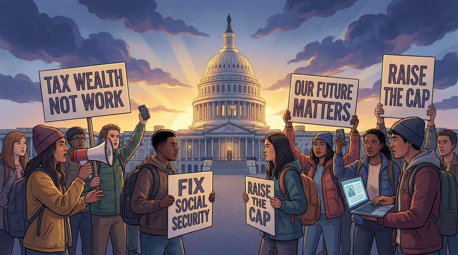 Diverse group of young Millennial and Gen Z activists at a sunrise protest in front of the US Capitol holding signs reading Tax Wealth Not Work and Fix Social Security