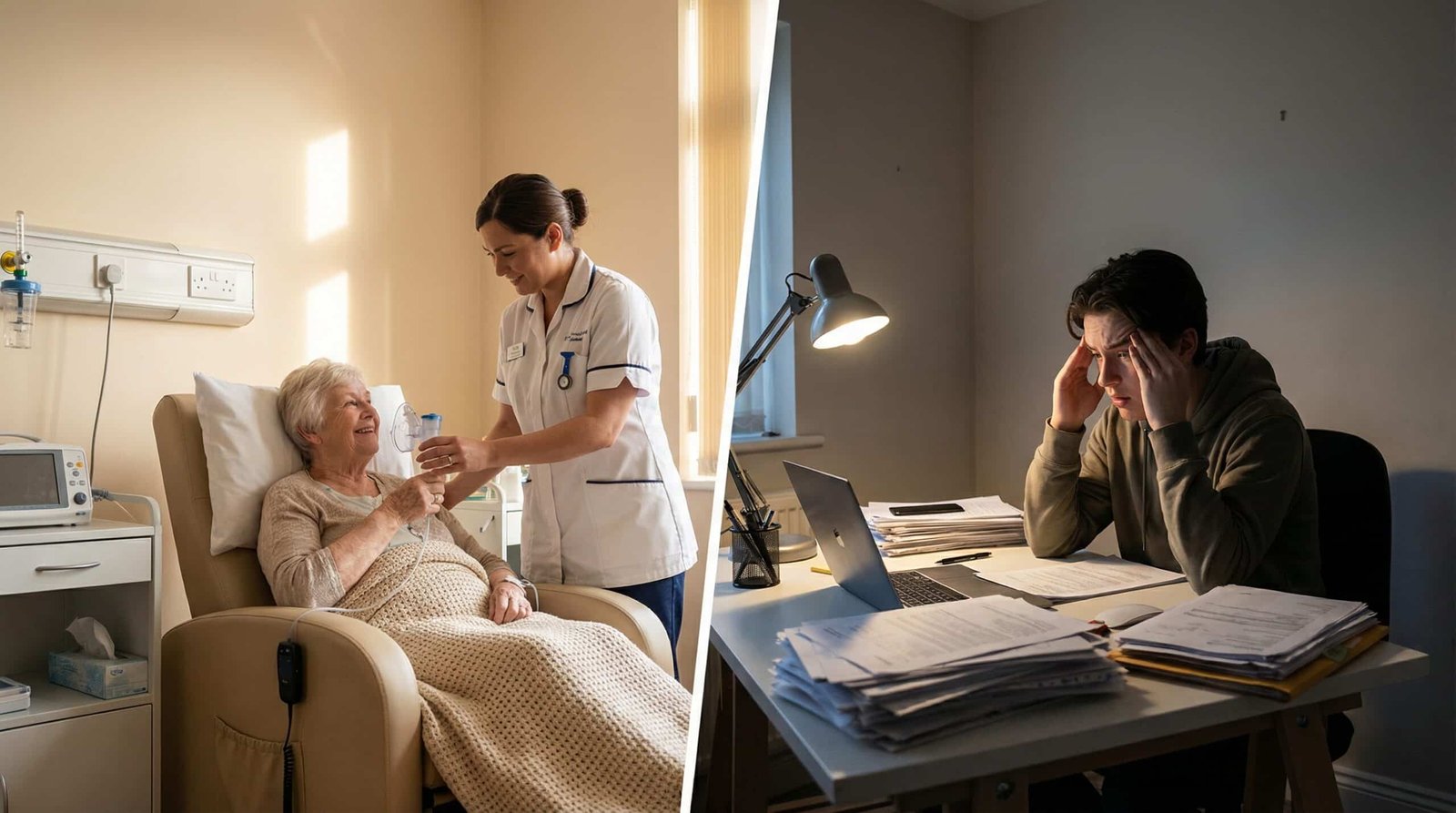 Generational divide showing elderly person receiving healthcare and young worker paying bills