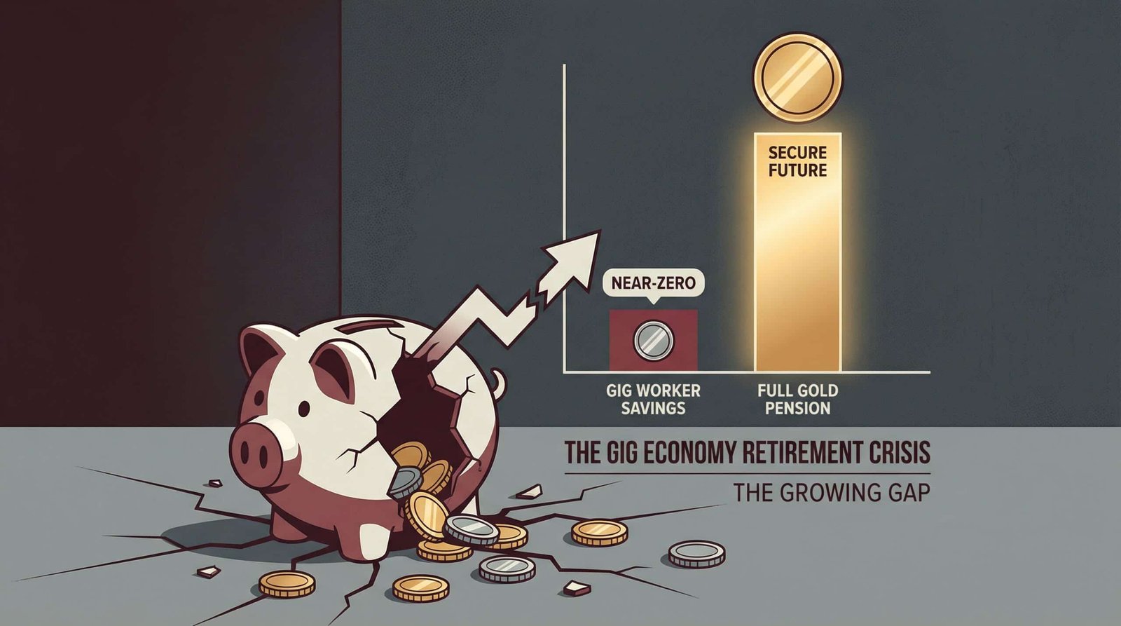 Shattered retirement piggy bank symbolizing gig economy workers with zero retirement savings