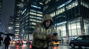 Exhausted gig economy delivery worker on bicycle dwarfed by corporate headquarters at night