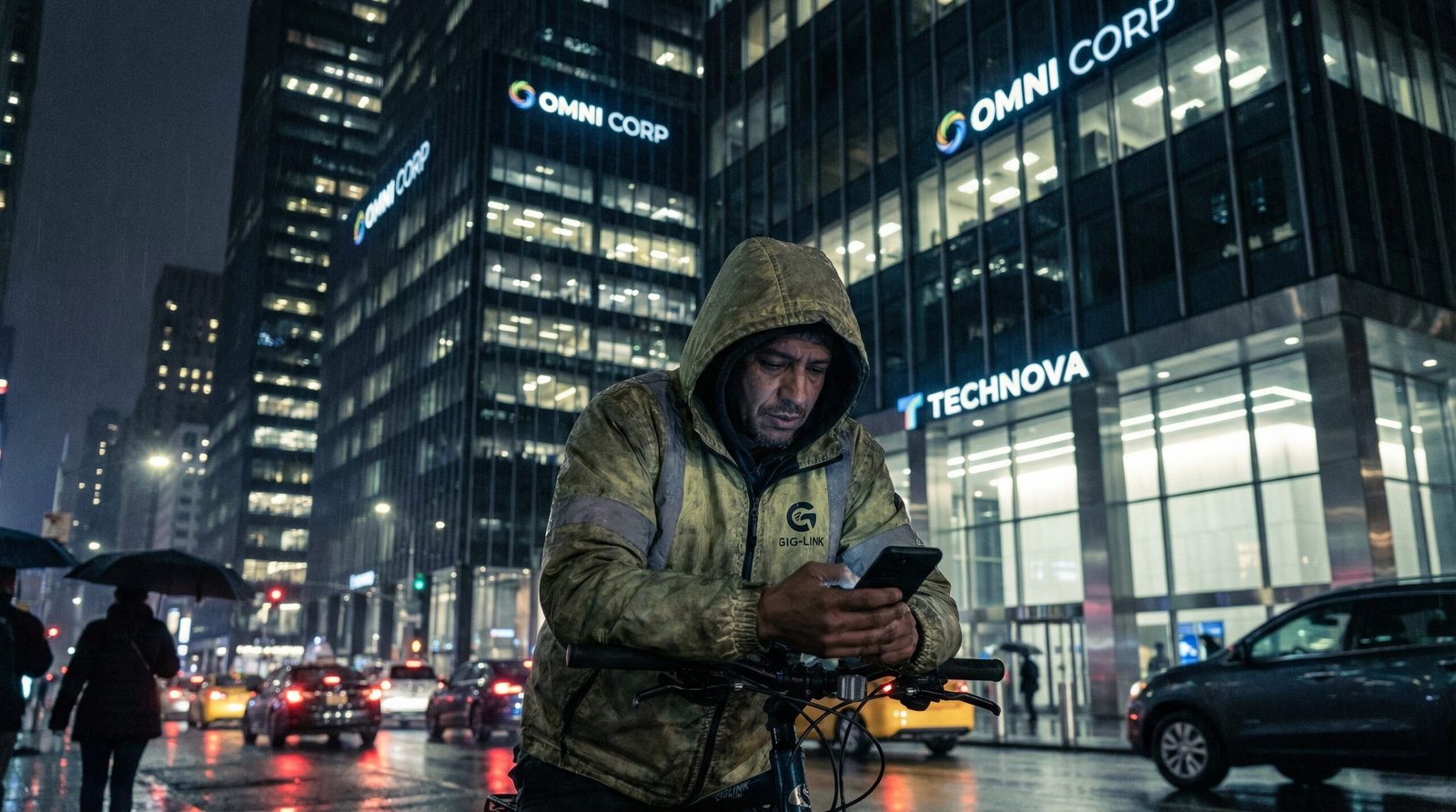 Exhausted gig economy delivery worker on bicycle dwarfed by corporate headquarters at night