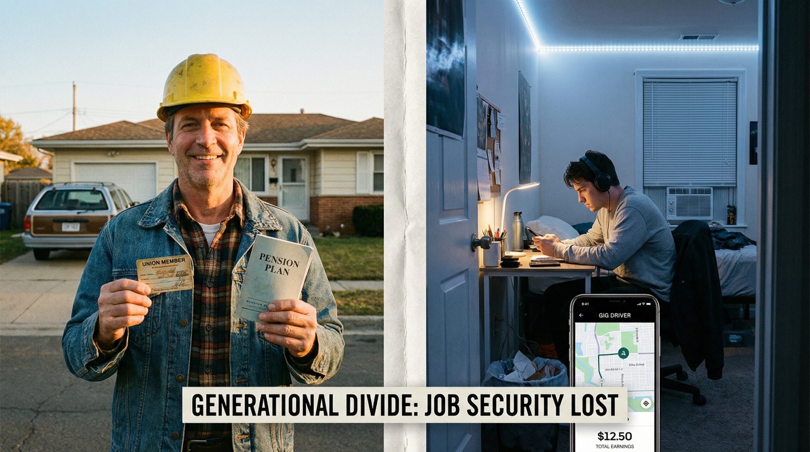 Split comparison of 1970s union factory worker with pension versus modern millennial gig worker