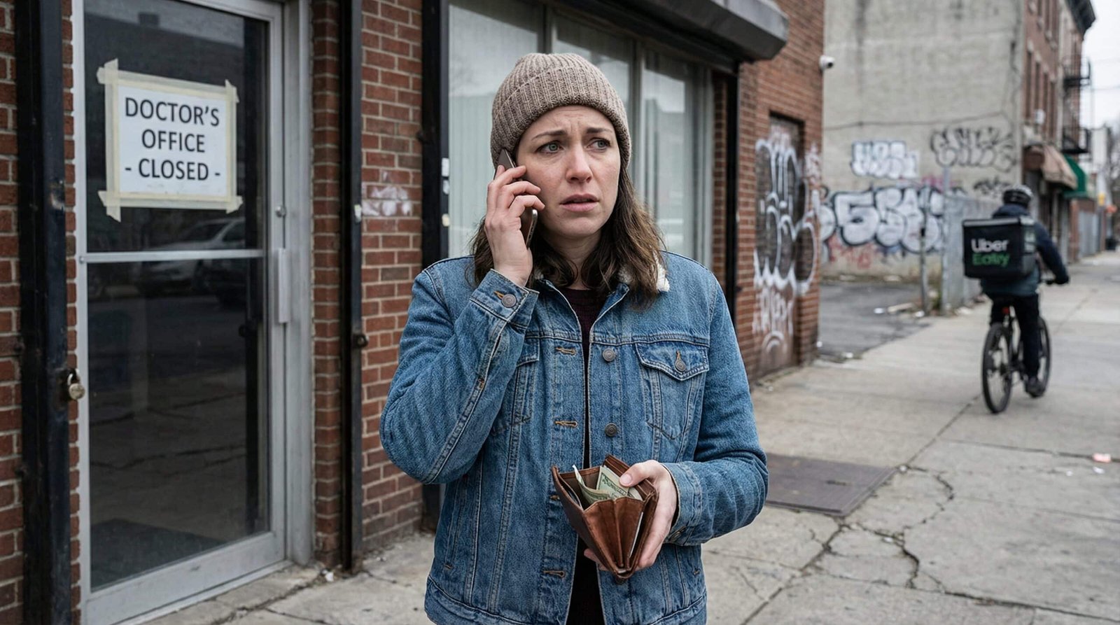 Young woman outside closed doctors office with no health insurance as a gig economy worker