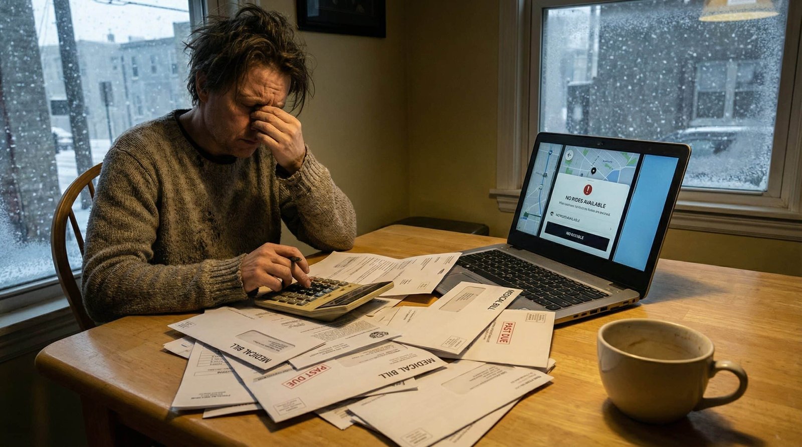 Gig worker surrounded by bills and debt doing math under financial stress at kitchen table