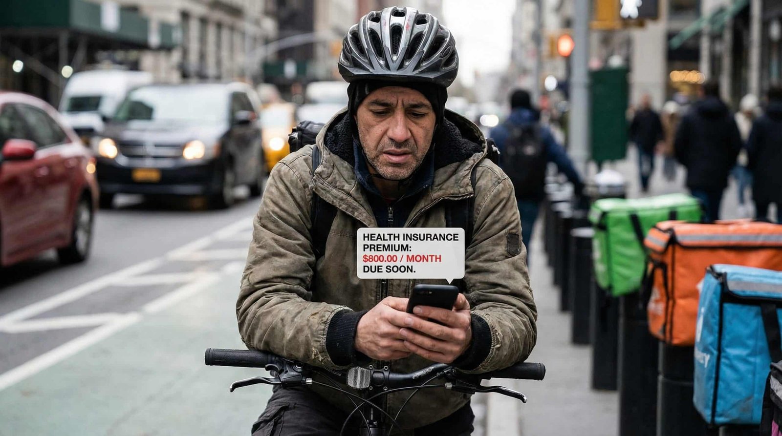 Gig economy food delivery worker facing skyrocketing health insurance premiums in 2026