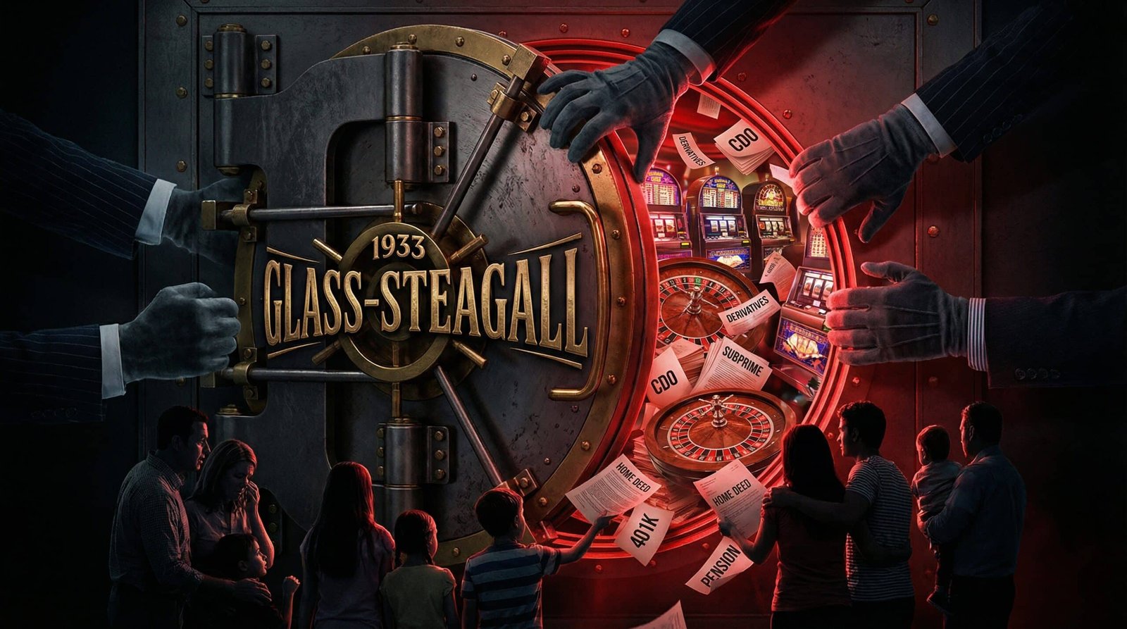 Glass-Steagall repeal 2008 financial crisis bank vault opening into casino
