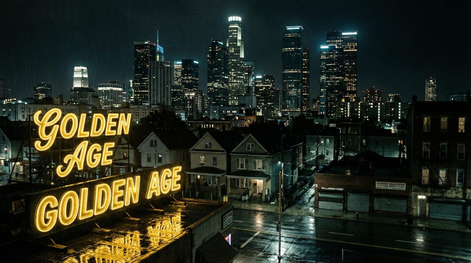 American city golden age neon sign above gleaming towers contrasting with shadowed working class neighborhood below