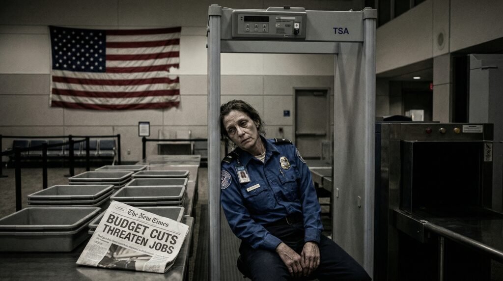 Weary TSA security screener at empty airport checkpoint during government shutdown 2026