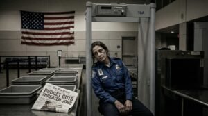 Weary TSA security screener at empty airport checkpoint during government shutdown 2026