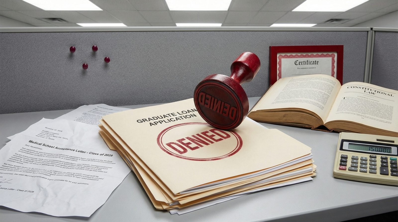 Graduate PLUS loan application rejected stamp on desk with medical and law school documents