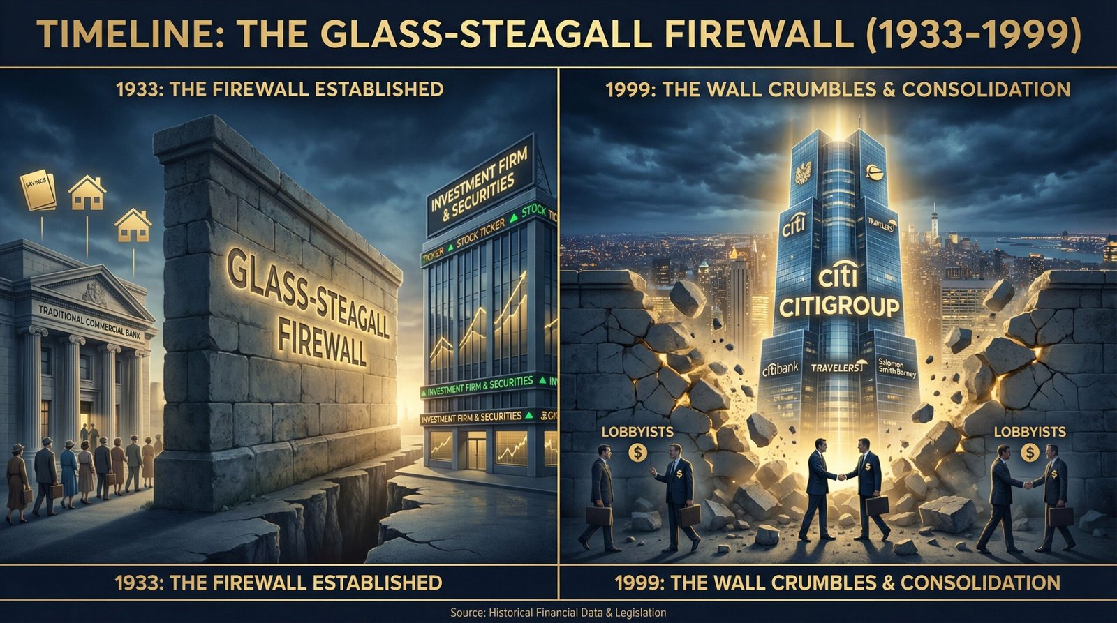 Gramm-Leach-Bliley Act 1999 tore down Glass-Steagall firewall between banks and investment firms
