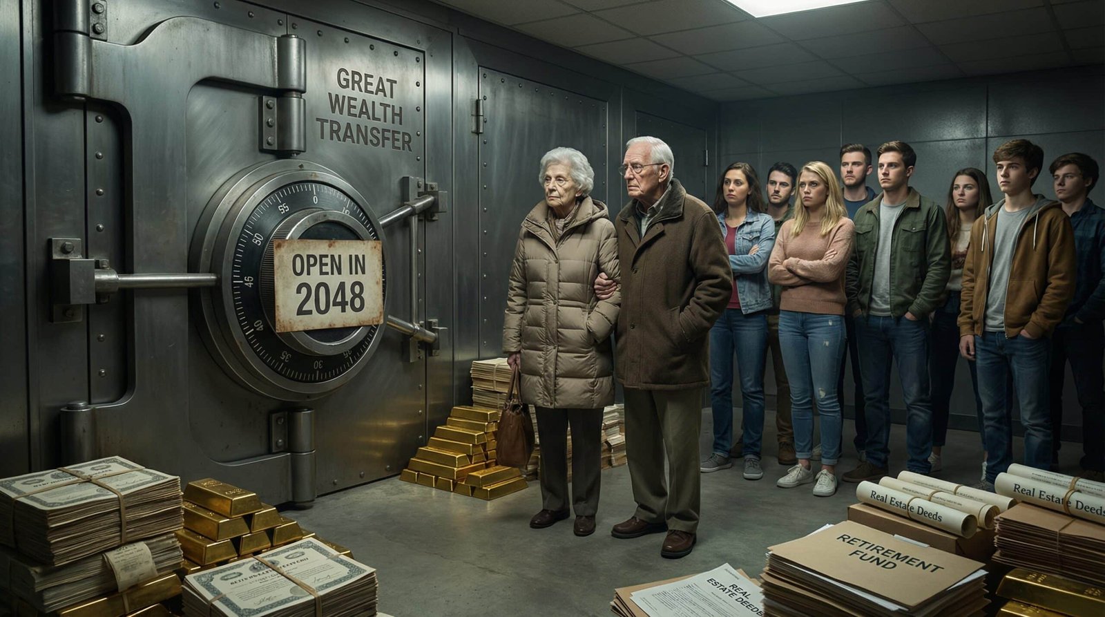 Sealed vault labeled Great Wealth Transfer holding 124 trillion dollars of Boomer wealth locked until 2048