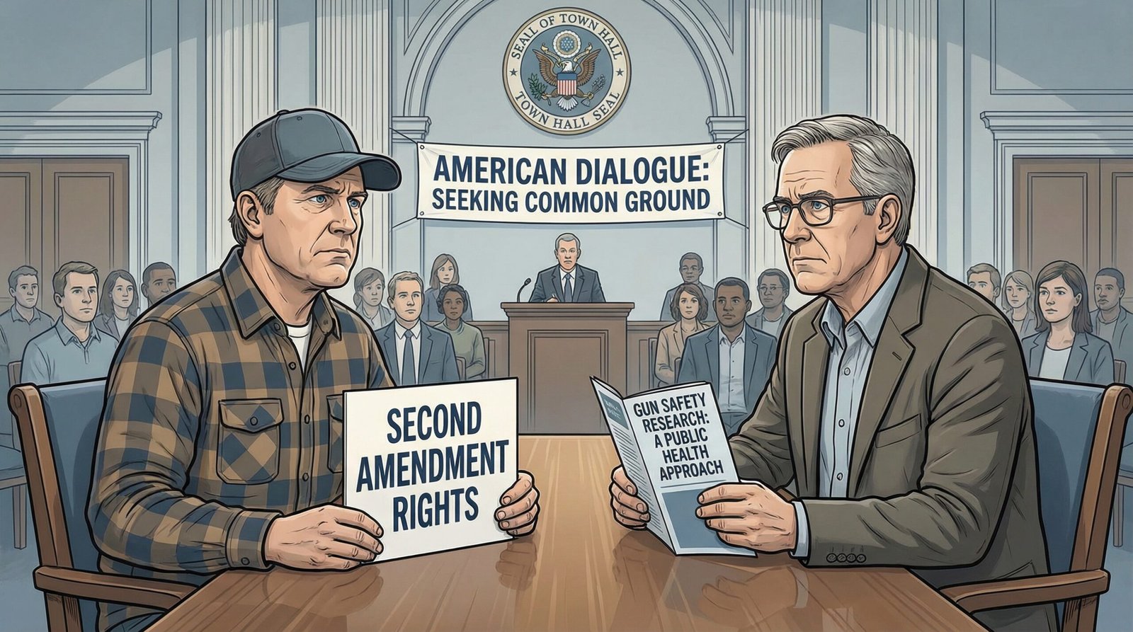 Two Americans in civic debate Second Amendment rights versus gun safety research balanced perspectives