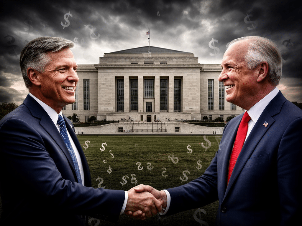 Split portrait of Democratic and Republican politicians shaking hands in front of the Pentagon Uniparty Military Industrial Complex