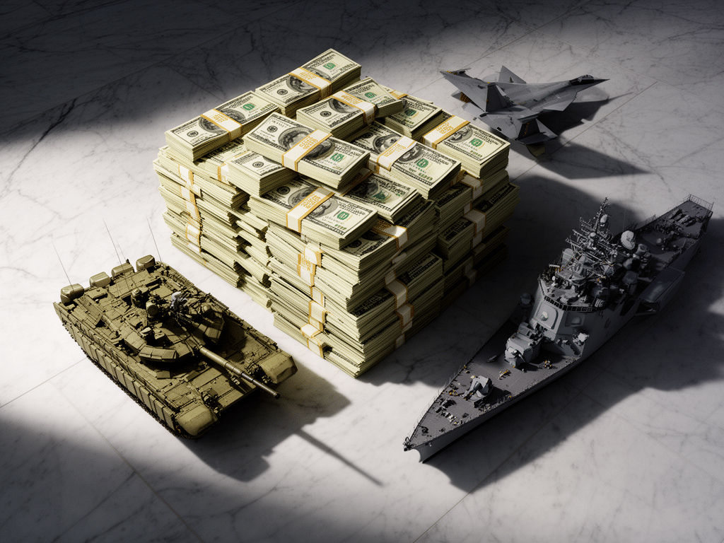 Stack of hundred-dollar bills next to military hardware: a tank, fighter jet, and warship, overhead shot