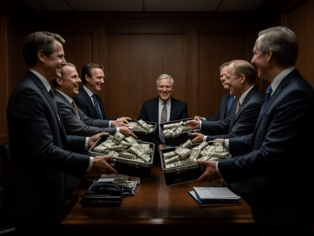 Defense contractor lobbyists handing briefcases of cash to senators in a backroom office, cinematic