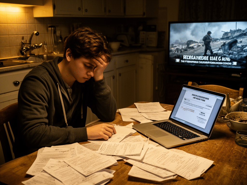 Despondent young adult at kitchen table with bills and laptop, TV showing war footage, gritty