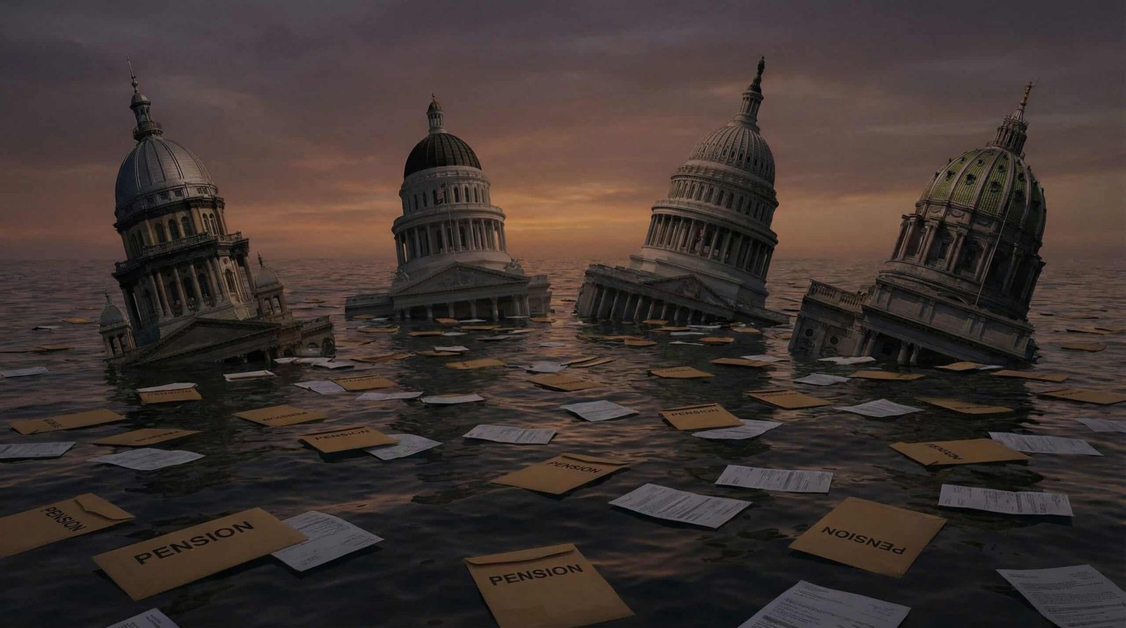 State capitol buildings sinking representing Illinois New Jersey Kentucky Connecticut worst underfunded public pension crisis states