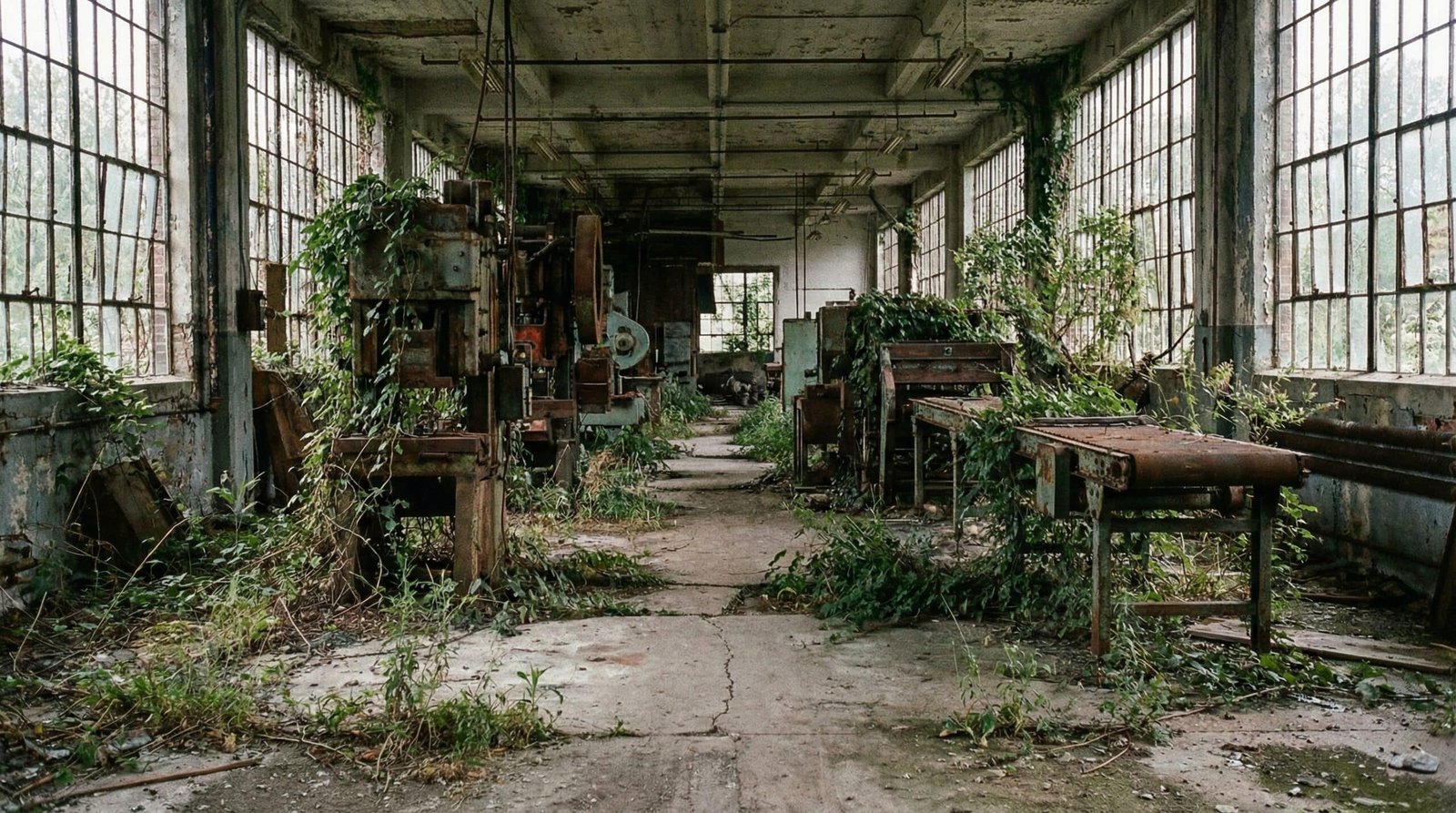 Abandoned American factory floor with rusted machinery representing economic consequences of US immigration policy failures over four decades