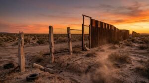 Crumbling US-Mexico border wall in desert landscape at dusk showing decades of immigration policy failure