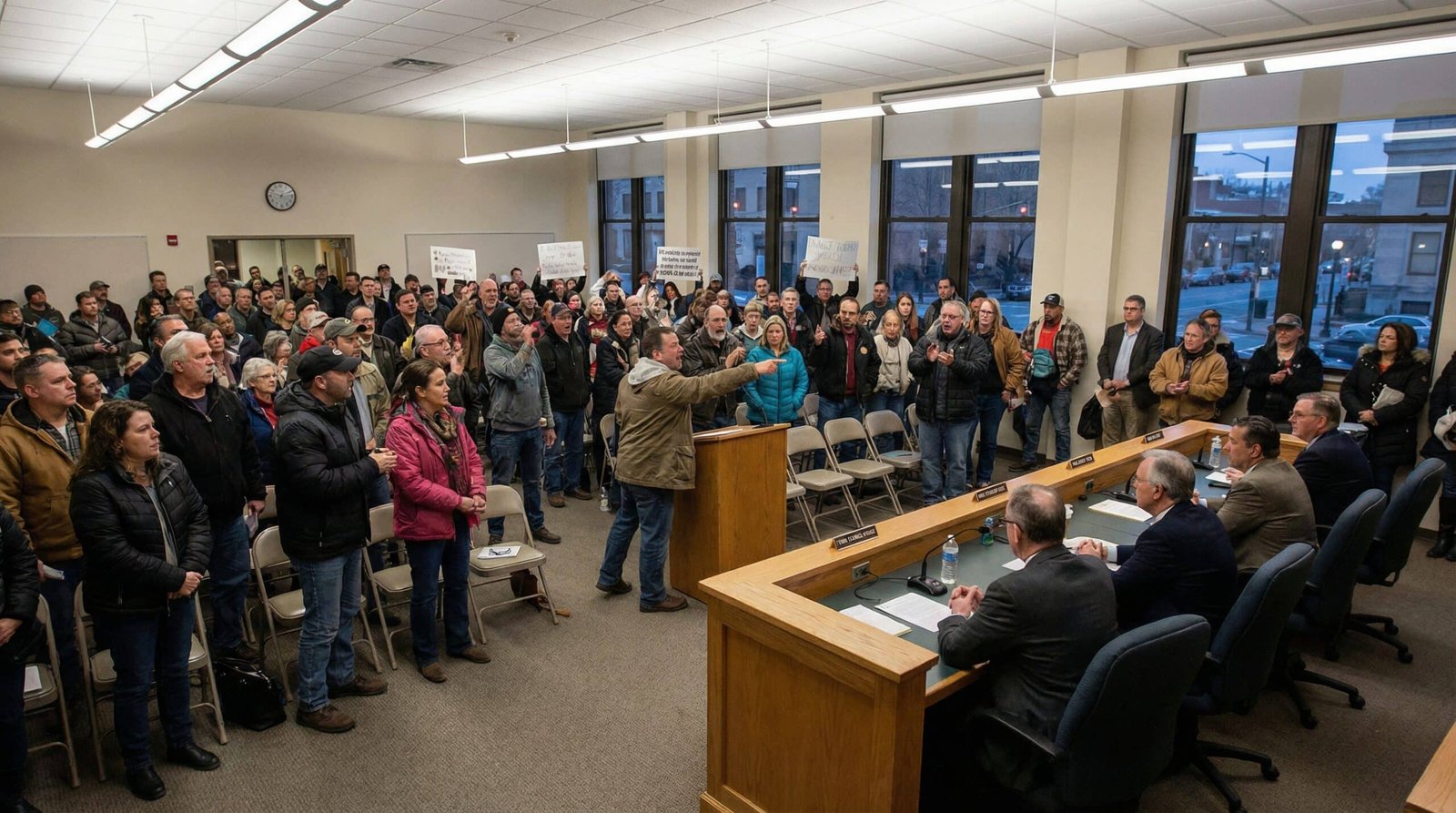 Packed American city hall meeting with frustrated residents debating immigration policy at local government hearing