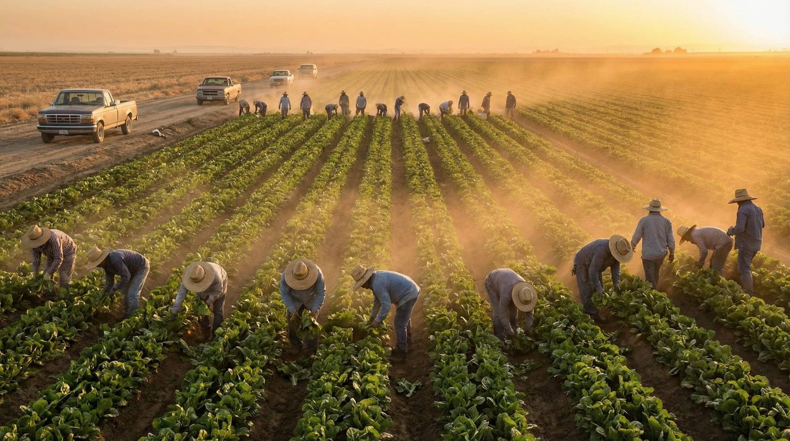 Migrant workers harvesting crops in vast American agricultural field at sunrise representing undocumented labor dependence in US immigration policy failures