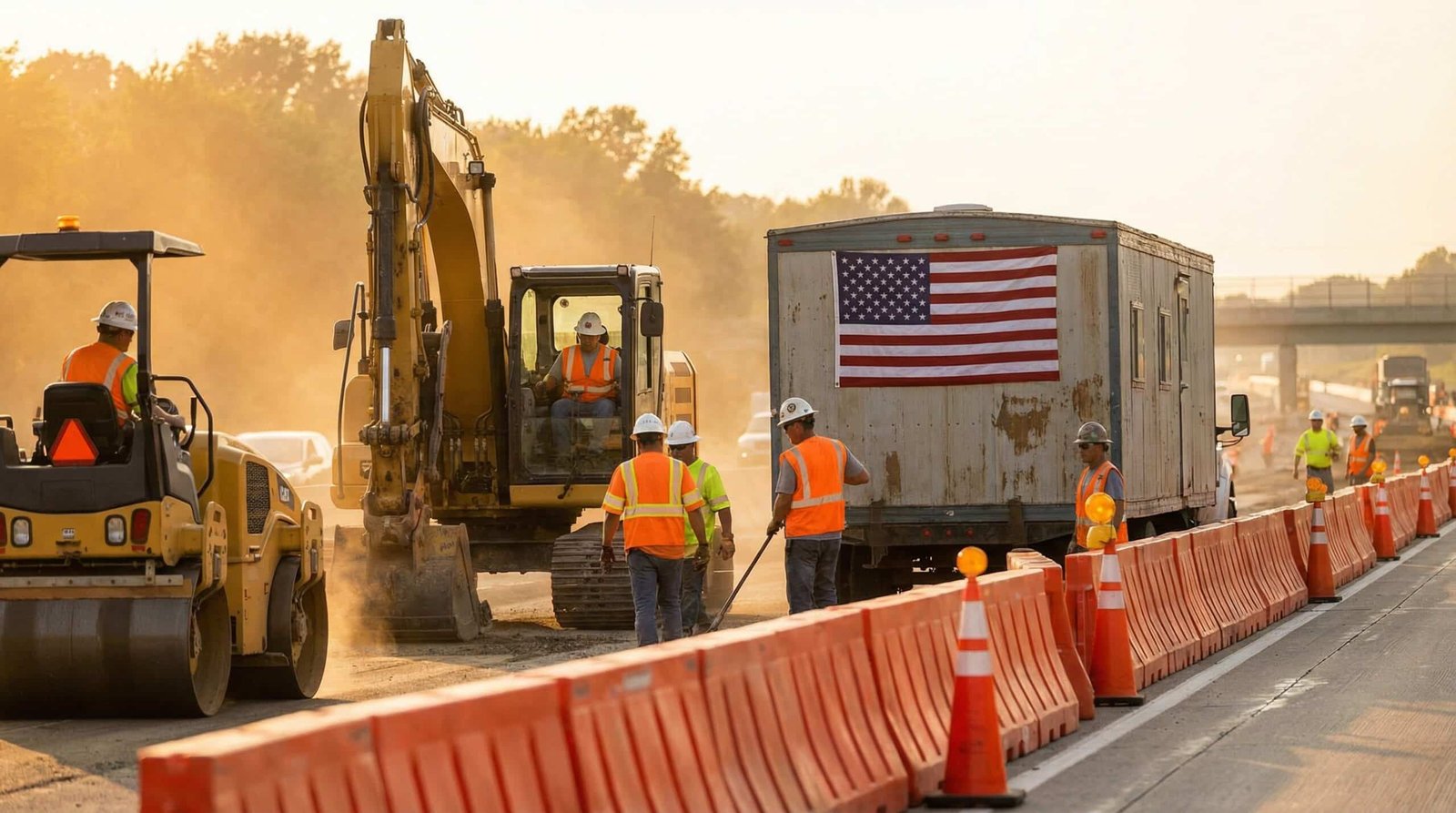 American infrastructure workers repairing highway in construction zone with US flag and heavy machinery