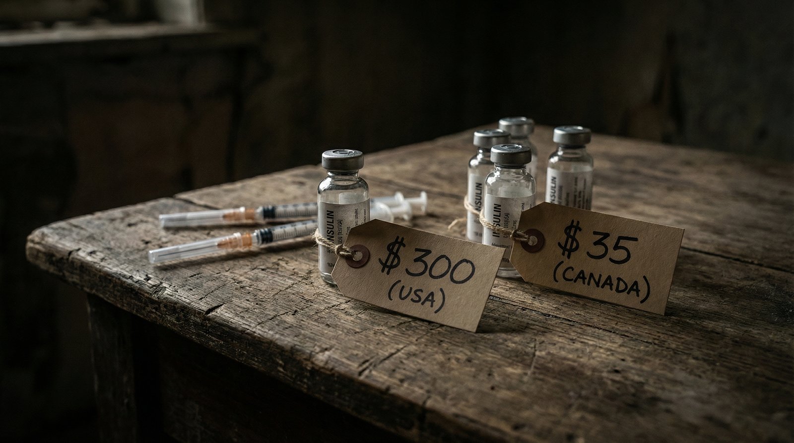 Insulin vials with US price tag of 300 dollars versus Canada price tag of 35 dollars