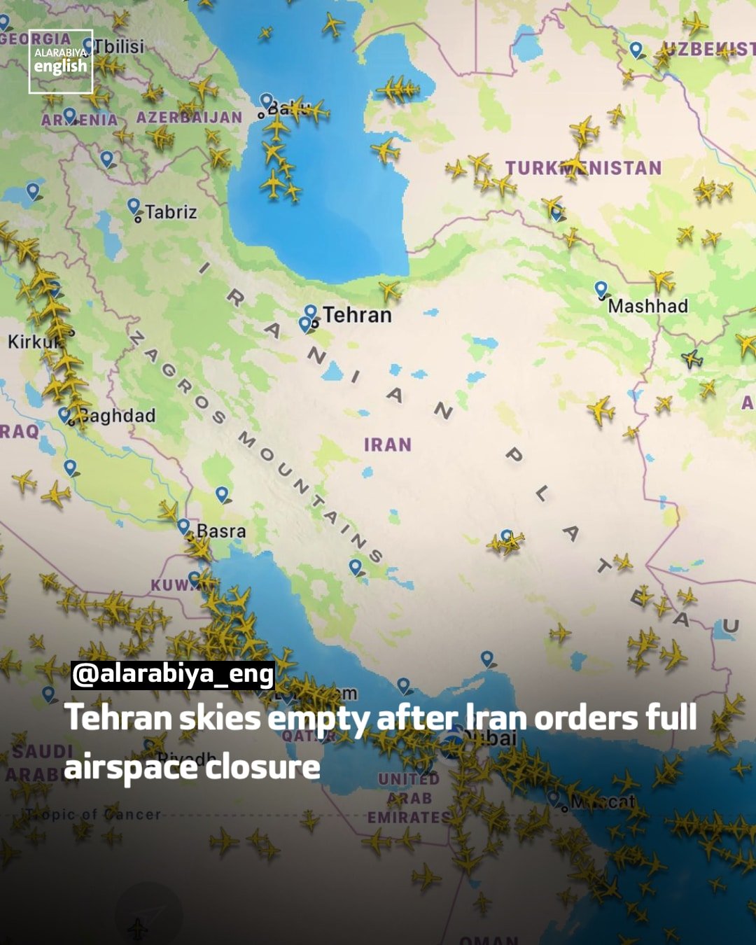 Al Arabiya flight tracking map showing Tehran airspace closed with massive air traffic diversion around Iran February 28 2026