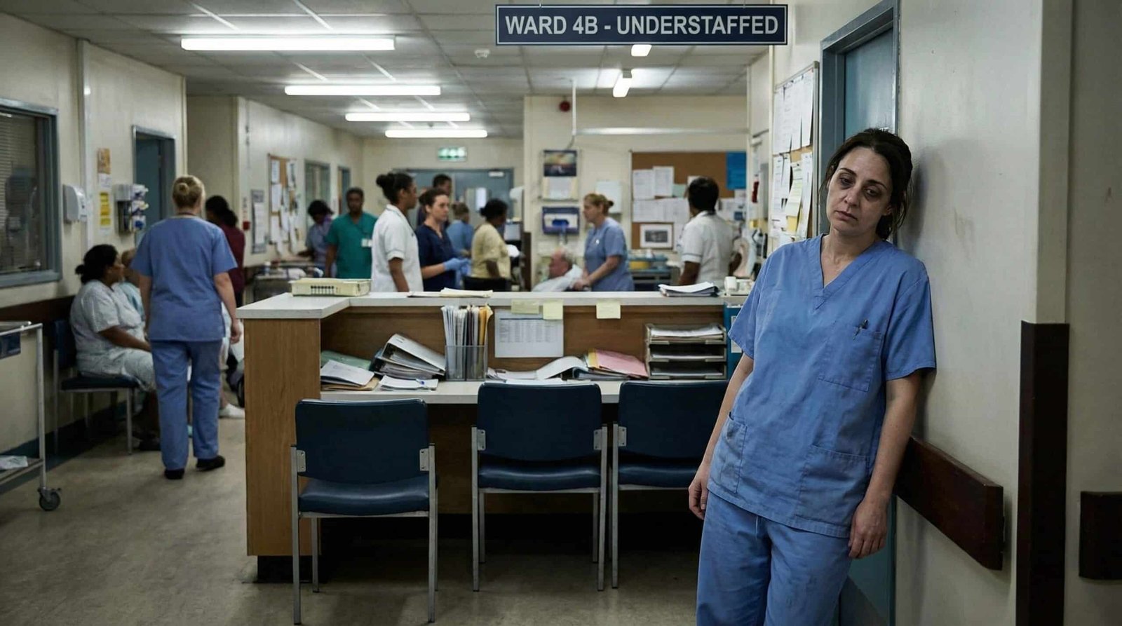 Exhausted nurse in understaffed Kaiser Permanente hospital ward, empty nursing stations visible in background