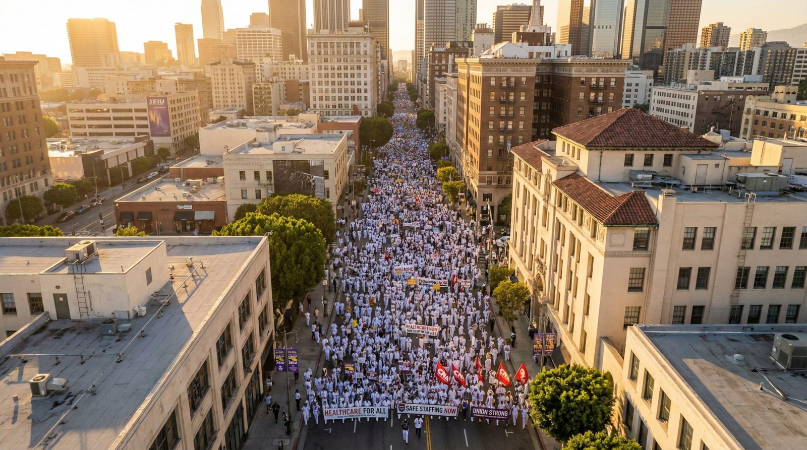 Thousands of Kaiser Permanente nurses marching through Los Angeles streets in the 2026 strike
