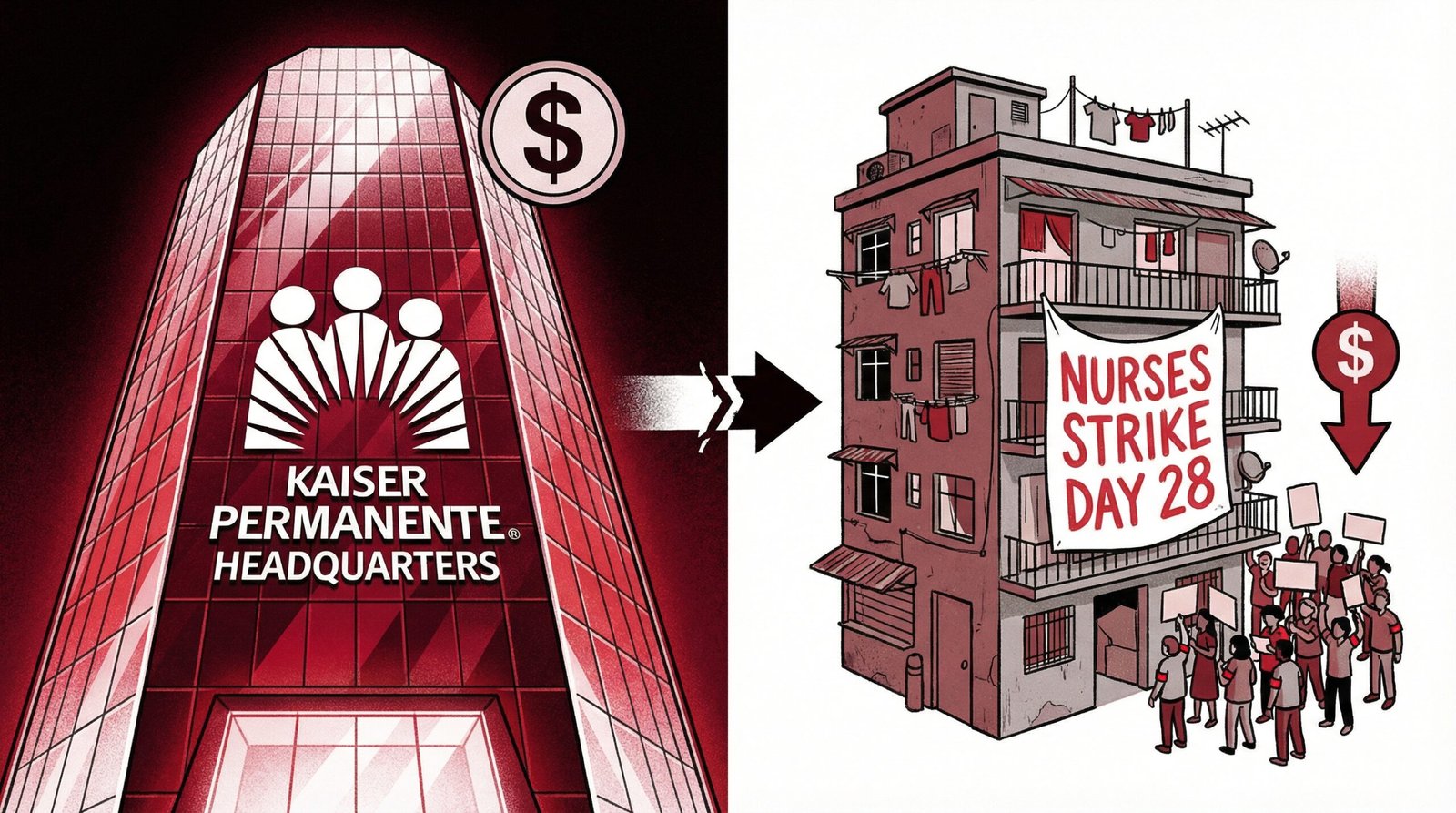 Illustration showing Kaiser Permanente corporate wealth gap versus nurse wages and staffing shortages