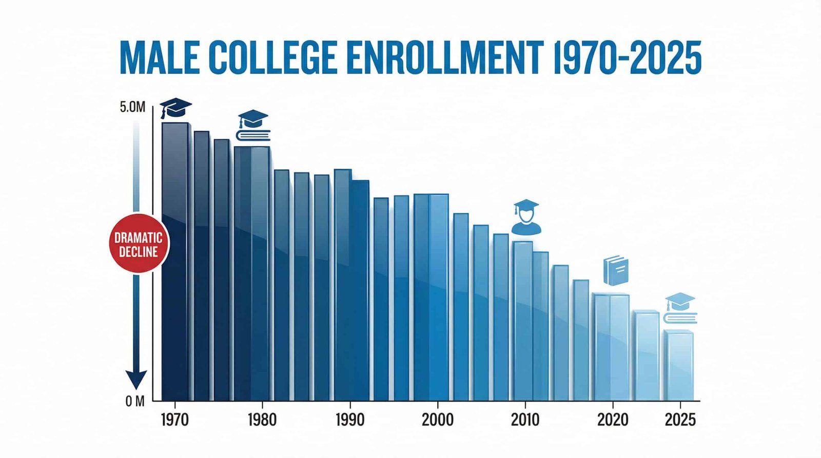 male college enrollment decline chart 1970 to 2025 showing men falling from 58 percent to 42 percent