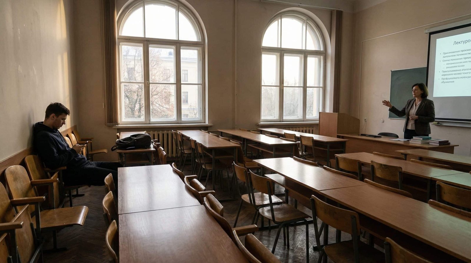 male student disengagement in college classroom showing empty seats and gender gap in higher education
