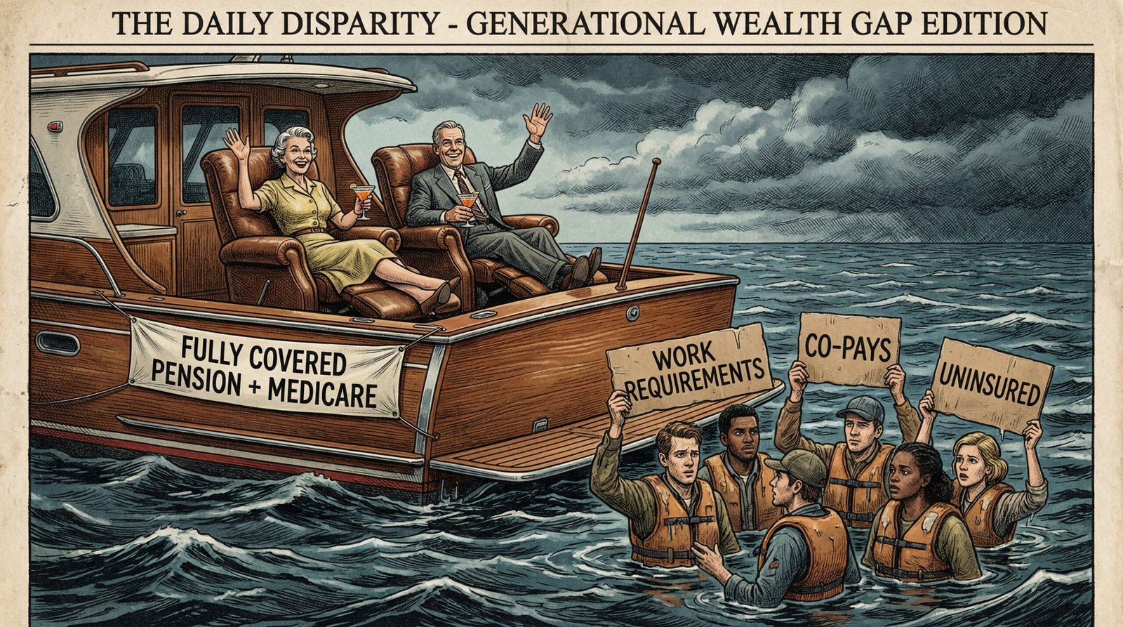 Satirical image of Boomers on fully covered Medicare yacht while Millennials and Gen Z tread water uninsured