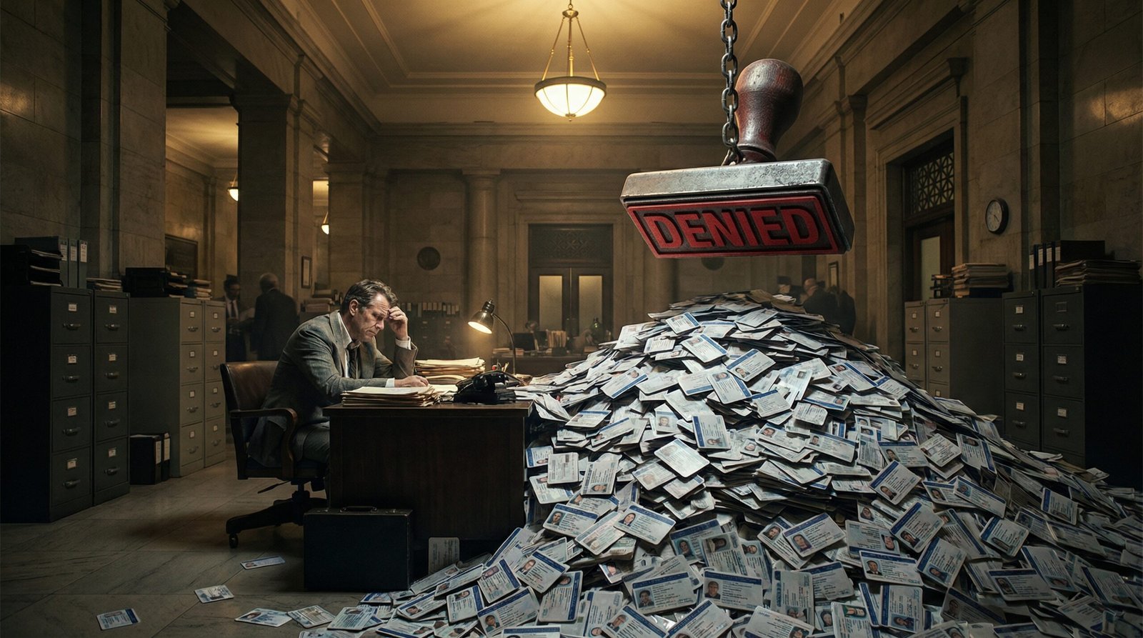 Pile of Medicaid cards under a denied stamp showing millions losing healthcare coverage